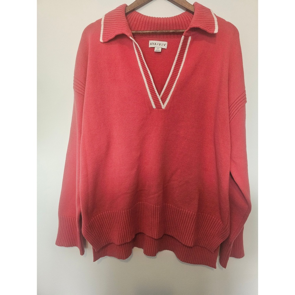 Preppy Ava & Viv‎ V-Neck Collared Sweater Womens XXL Coral Pink Knit Long Sleeve